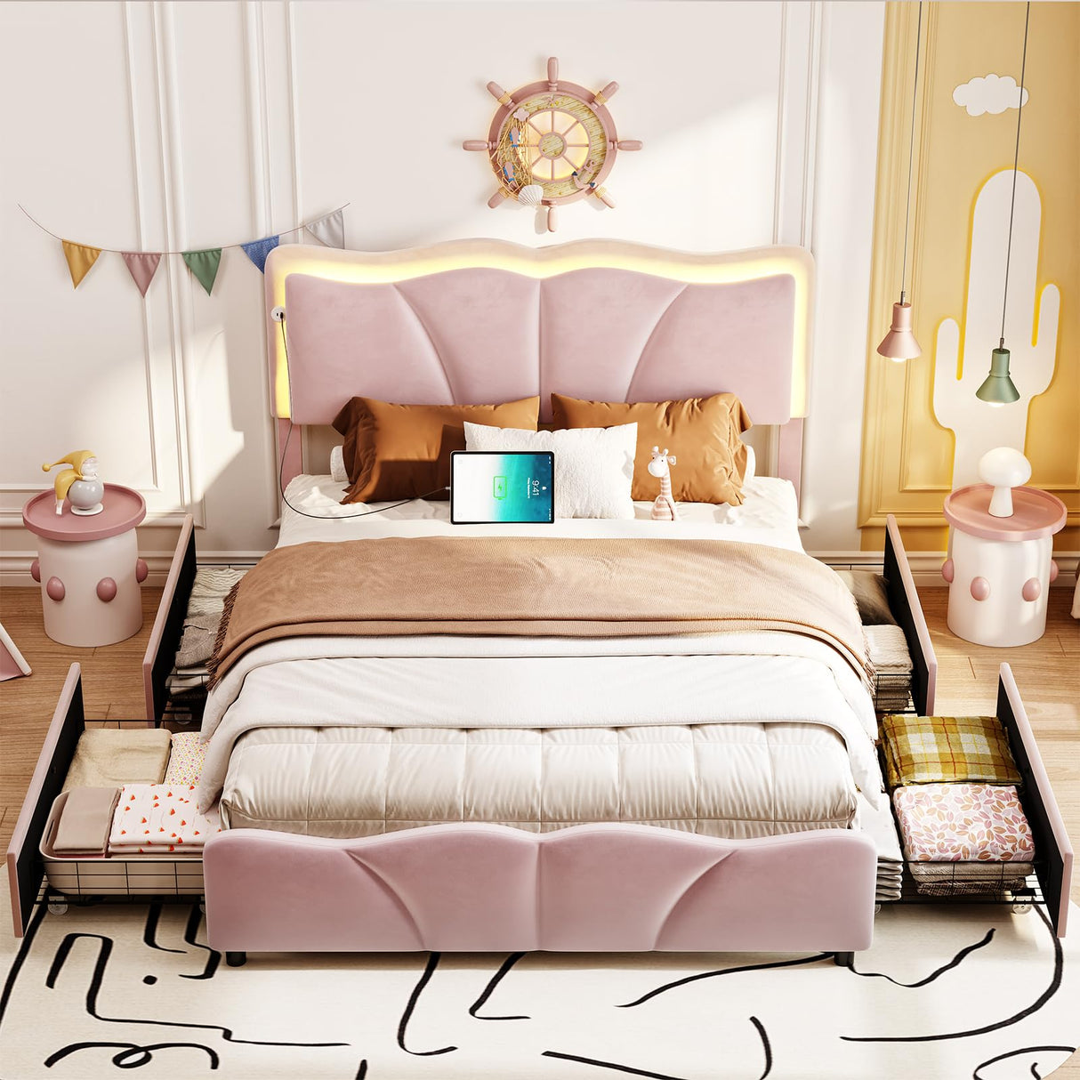 FORABAMB Full Size Bed Frame with 4 Drawers, Upholstered LED Bed Frame with Adjustable Flowers Headboard, Platform Bed Frame Full Size with Wooden Slats Support, No Box Spring Needed, Pink FORABAMB