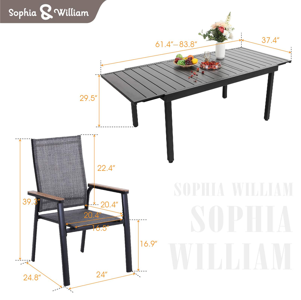 Sophia & William Patio Dining Set 9 Pieces, 8 Aluminium Patio Dining Chairs with 1 Extendable Dining Table for 6-8 Person, Patio Table and Chairs for Outdoor Lawn (Grey) Sophia & William