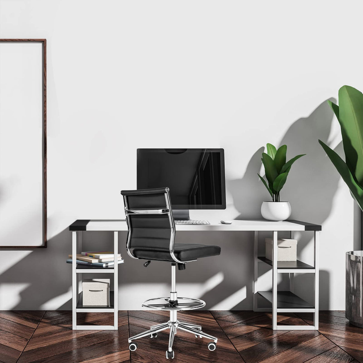 LUCKWIND Drafting Chair Tall Office Chair Ribbed - Mid-Back PU Leather Standing Desk Stool with Adjustable Foot Ring Wide Seat Tilt-Tension Rocker Lumbar Support Swivel Rolling 400lbs, Black LUCKWIND