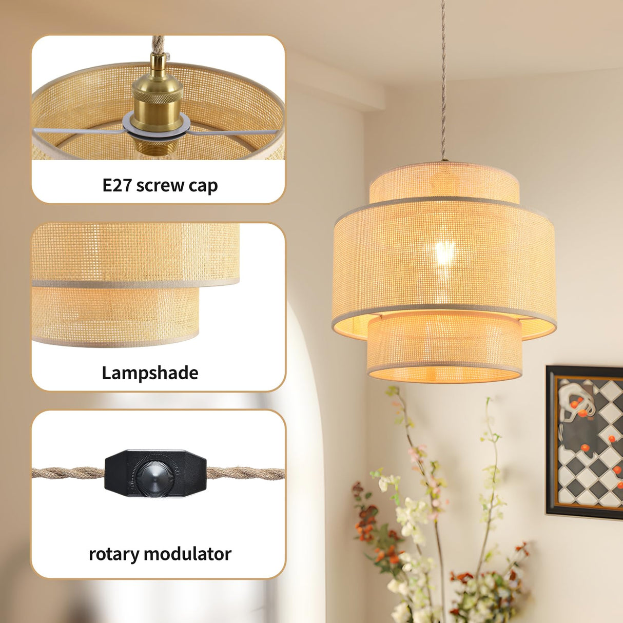 QIYIZM Plug in Pendant Light Hanging Lights with Plug in Cord Hanging Lamp Rattan Boho Dimmable,Wicker Bamboo Woven Lamp Shade, Plug in Ceiling Light Fixture for Farmhouse Living Room Bedroom Kitchen QIYIZM