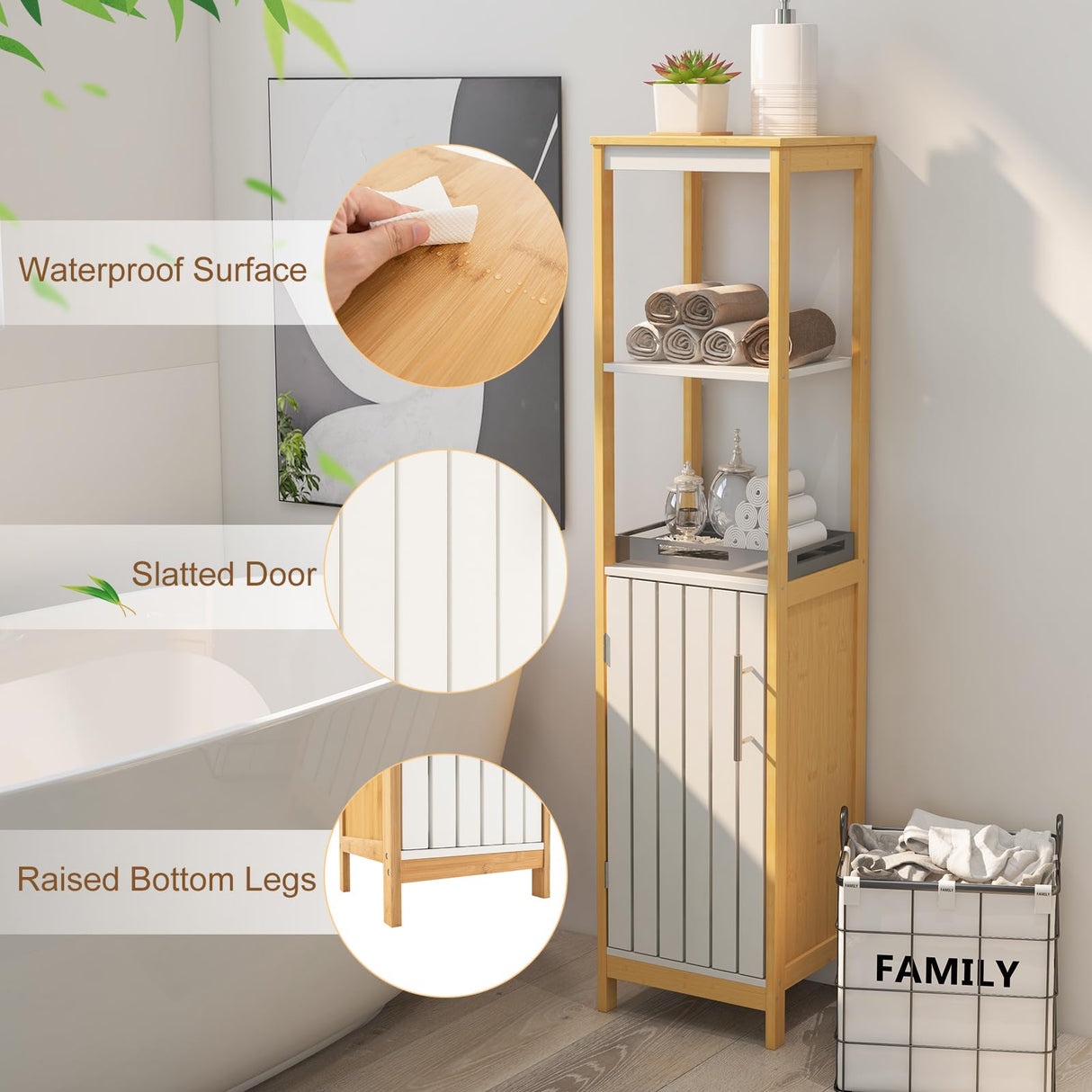 LOKO Bamboo Bathroom Storage Cabinet, Freestanding Floor Cabinet with Door, Adjustable Shelf & Open Shelves, Slim Narrow Linen Tower Cabinet for Living Room, Laundry Room, Kitchen, (White+Natural) LOKO