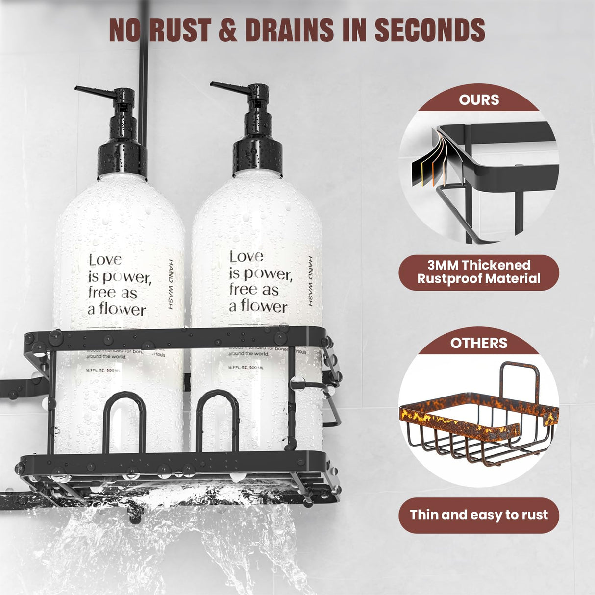 REINHARDT Adjustable Shower Caddy Hanging Rustproof Shower Caddy for Handheld Showerheads, Shower Organizer with Hooks Soap Holder Toothbrush Holder, Anti-Swing Shower Rack Bathroom Accessories, Black REINHARDT