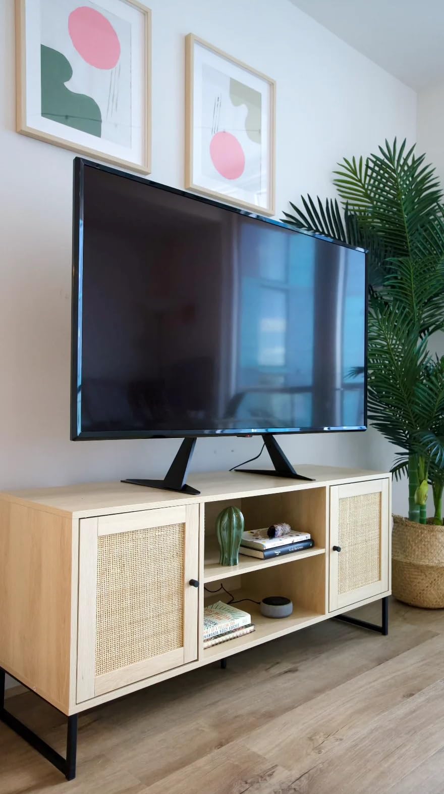 Nathan James 74101 Mina Modern TV Stand, Entertainment Cabinet, Media Console with a Natural Oak Wood Finish and Matte Black Accents with Storage Doors for Living Room or Media Room, Oak/Black Nathan James