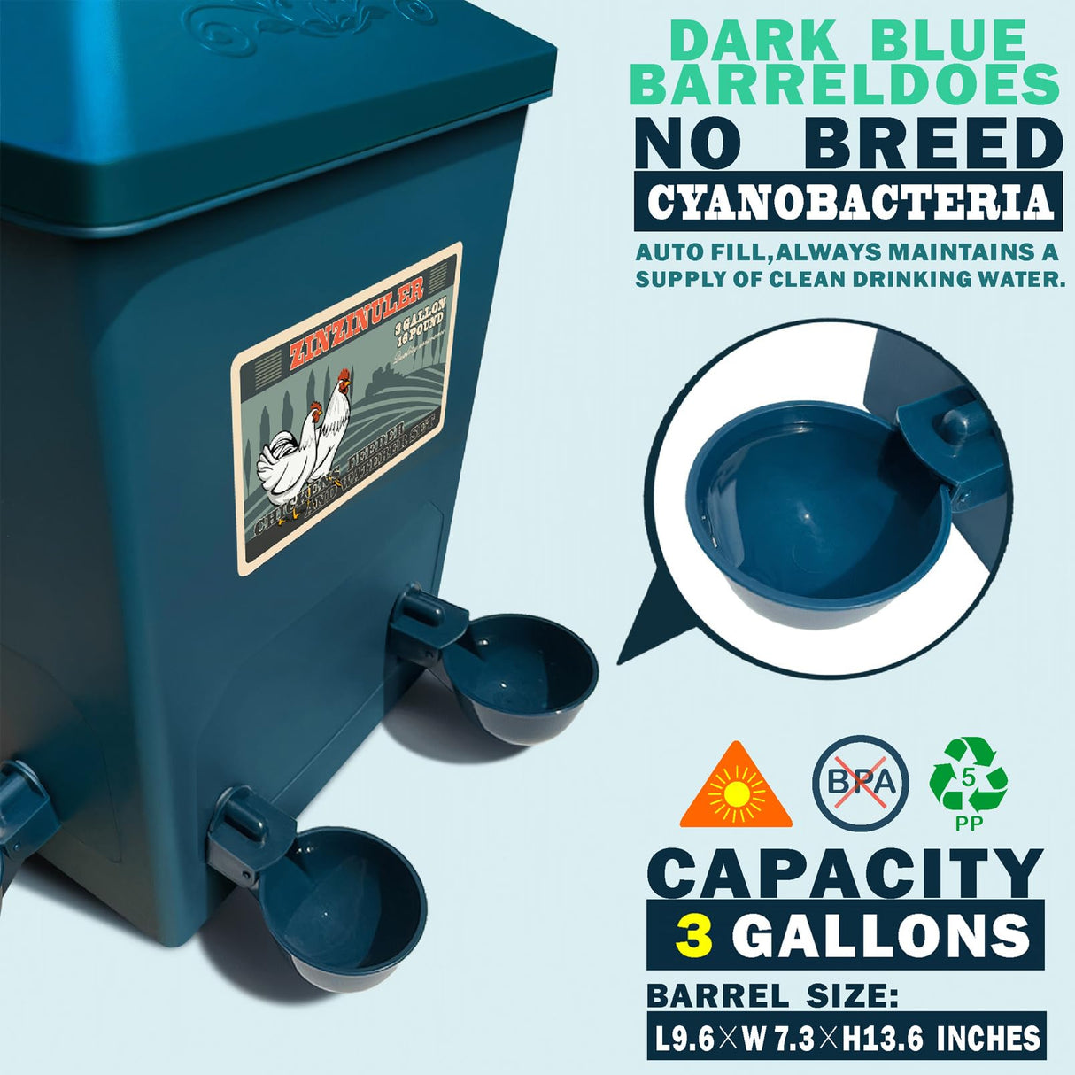 ZINZINULER Automatic Port Chicken Feeder and Cup Waterer Set - Chicken Coop Accessories, No Waste Poultry Feeder, 3 Gallon/16 Pounds ZINZINULER