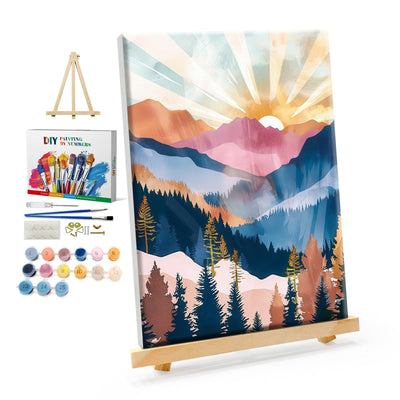 YOYA Framed Paint by Numbers Kit for Adults - Mountain Sunset Adult Paint by Number Kits on Canvas with Easel, DIY Mountain Paint by Number Framed Canvas for Home Wall Decor 8x12 Inch