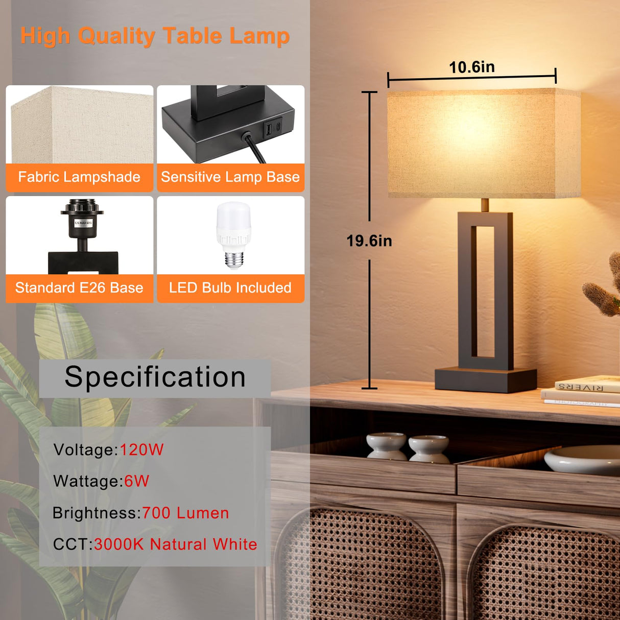 Seealle Bedroom Lamps for Night Stands - Touch Control, 3 Way Dimmable, USB C+A Charging, LED Bulbs, Easy Assembly Seealle