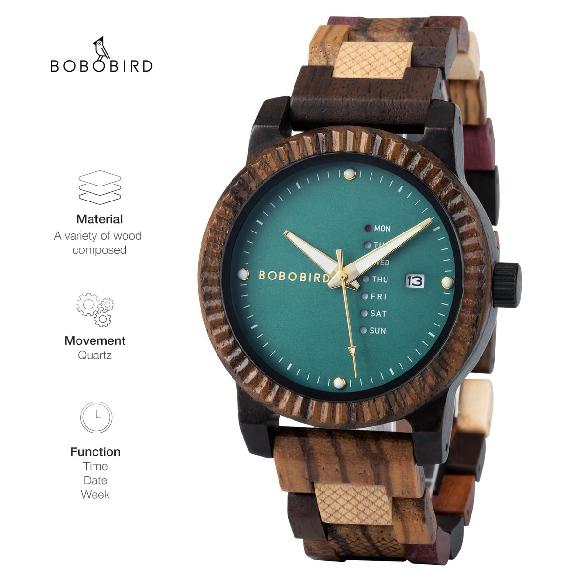BOBO BIRD Mens Wooden Watch Analog Quartz with Week Display Lightweight Handmade Wood Wrist Watch for Men (Green) BOBO BIRD