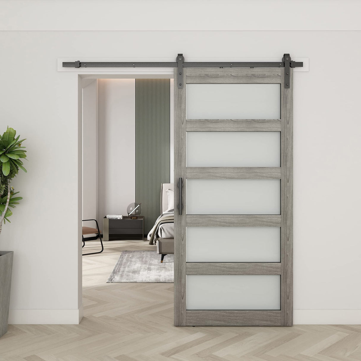 BARNSMITH 36in x 84in Glass Barn Door with 6.6FT Sliding Door Hardware Kit included & Handle,5-Panel Frosted Glass Solid Wood Slab with Water-Proof PVC Surface,Pre-Drilled Easy Assembly,Grey BARNSMITH
