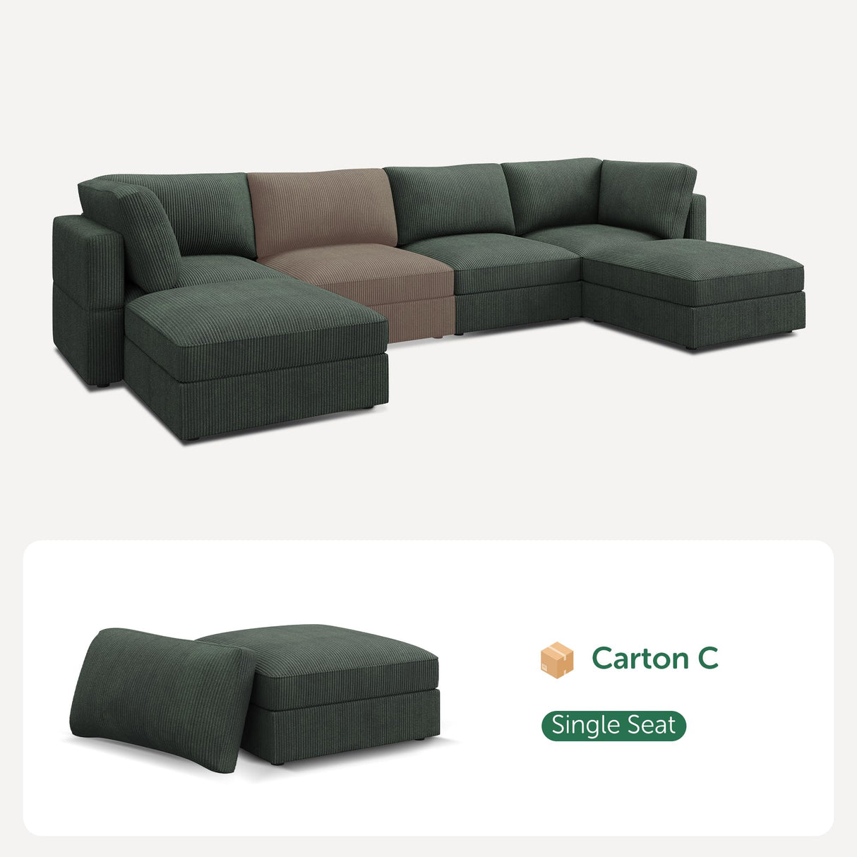 HONBAY Ottoman Module for Corduroy Modular Sectional Sofa with a Back Cushion, Storage Square Ottoman Bench for Living Room, Green HONBAY