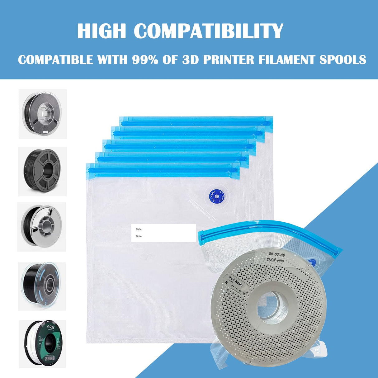 3D Printer Filament Vacuum Storage Bags Kit, TIOPY 10 Thicken Spool Storage Sealing Bags with 10 Desiccant and 2 Seal Clip, 11.8x13.4 in, Keep Filament Dry, For PLA/PETG/TPU/ABS 1.75 mm, No pump TIOPY