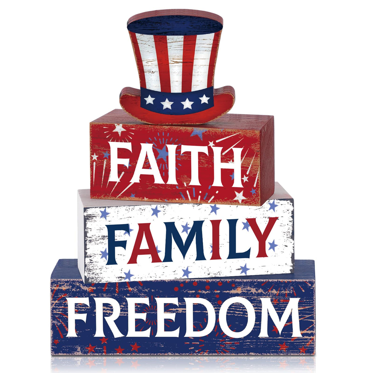 Huquary 4 Pcs Farmhouse 4th of July Patriotic Table Sign Independence Day Table Wood Decorations Patriotic Themed Rustic Farmhouse Wood Block Sign for Party Home Desk (Hat) Huquary