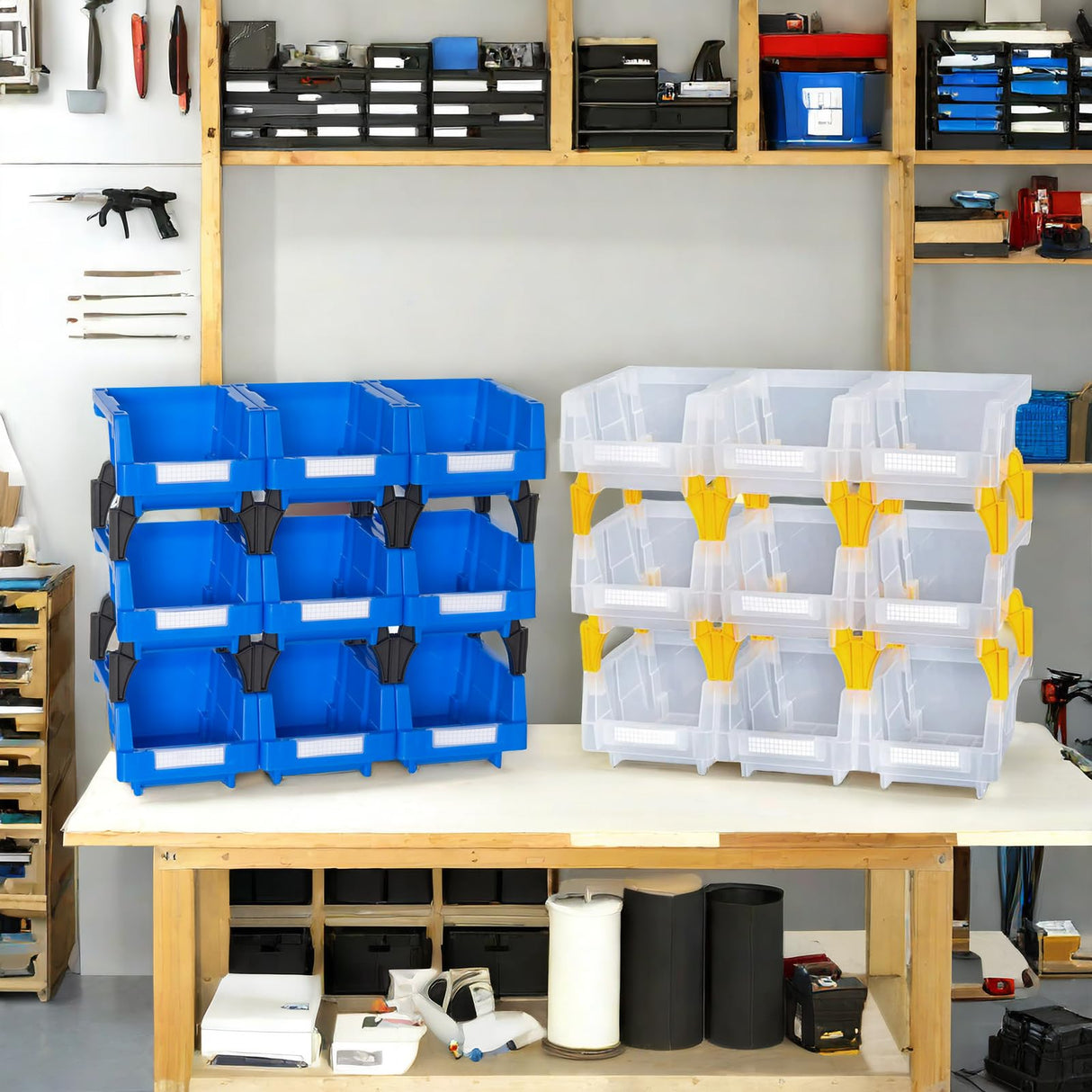 AERCANA Plastic Garage Stacking Hanging Storage Bins,5-1/3"X4-1/5 X3,Clear,9 pack AERCANA