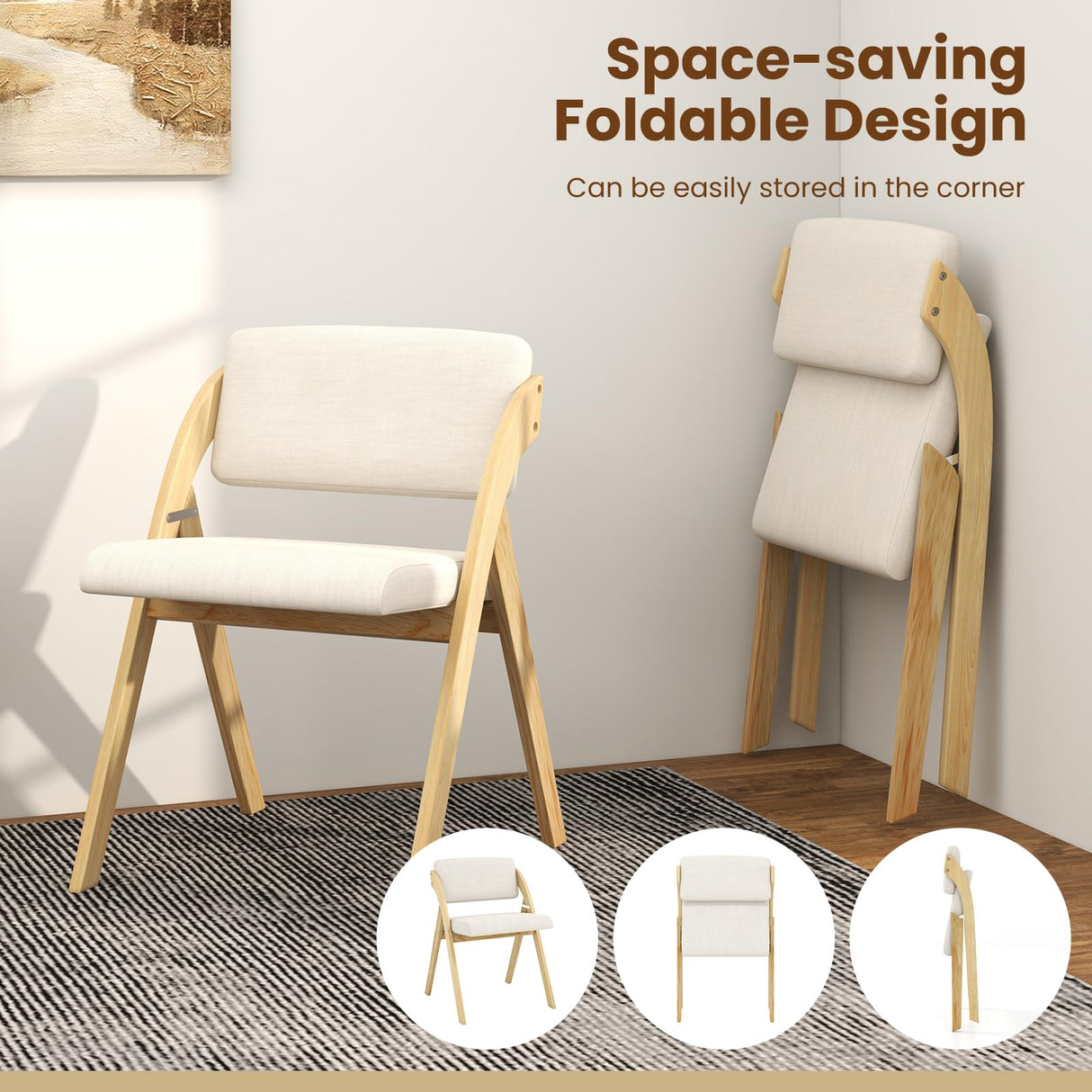 Giantex Folding Dining Chairs Set of 2, Upholstered Wooden Folding Chair 2 Pack, Portable Kitchen Chairs with Padded & Seat Backrest, Accent Chairs for Wedding Picnic Party, No Assembly, Natural Giantex