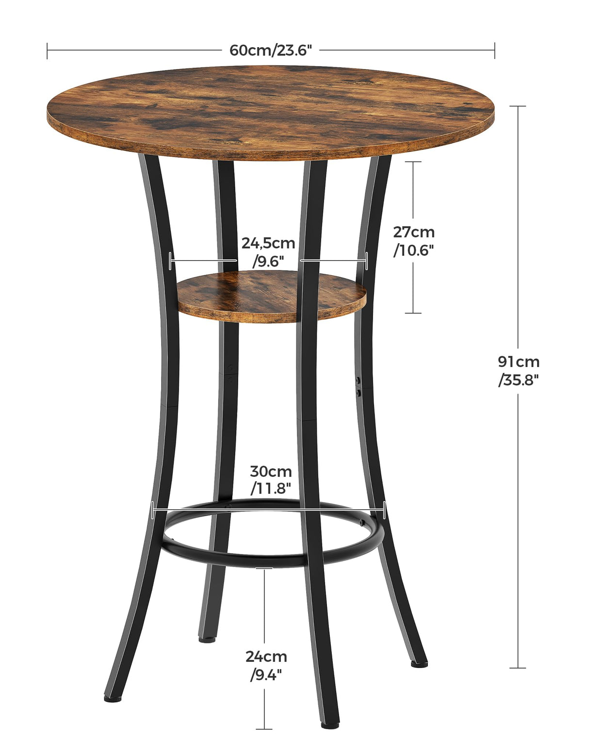 CHOEZON Round Bar Table, 2-Tier High Top & Counter Height Dining Table, for Bistro, Pub, Kitchen, Living Room, Rustic Brown and Black TBT03BF CHOEZON
