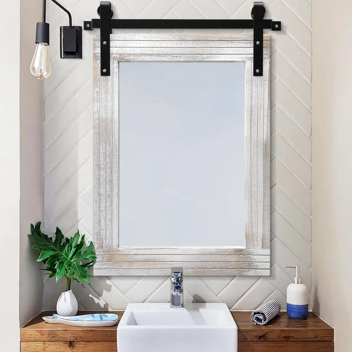 AAZZKANG Large Wall Mirror Barn Door Style Decor Rustic Wood Mirror 30"x22" Rectangle Farmhouse Bedroom Bathroom Mirror AAZZKANG