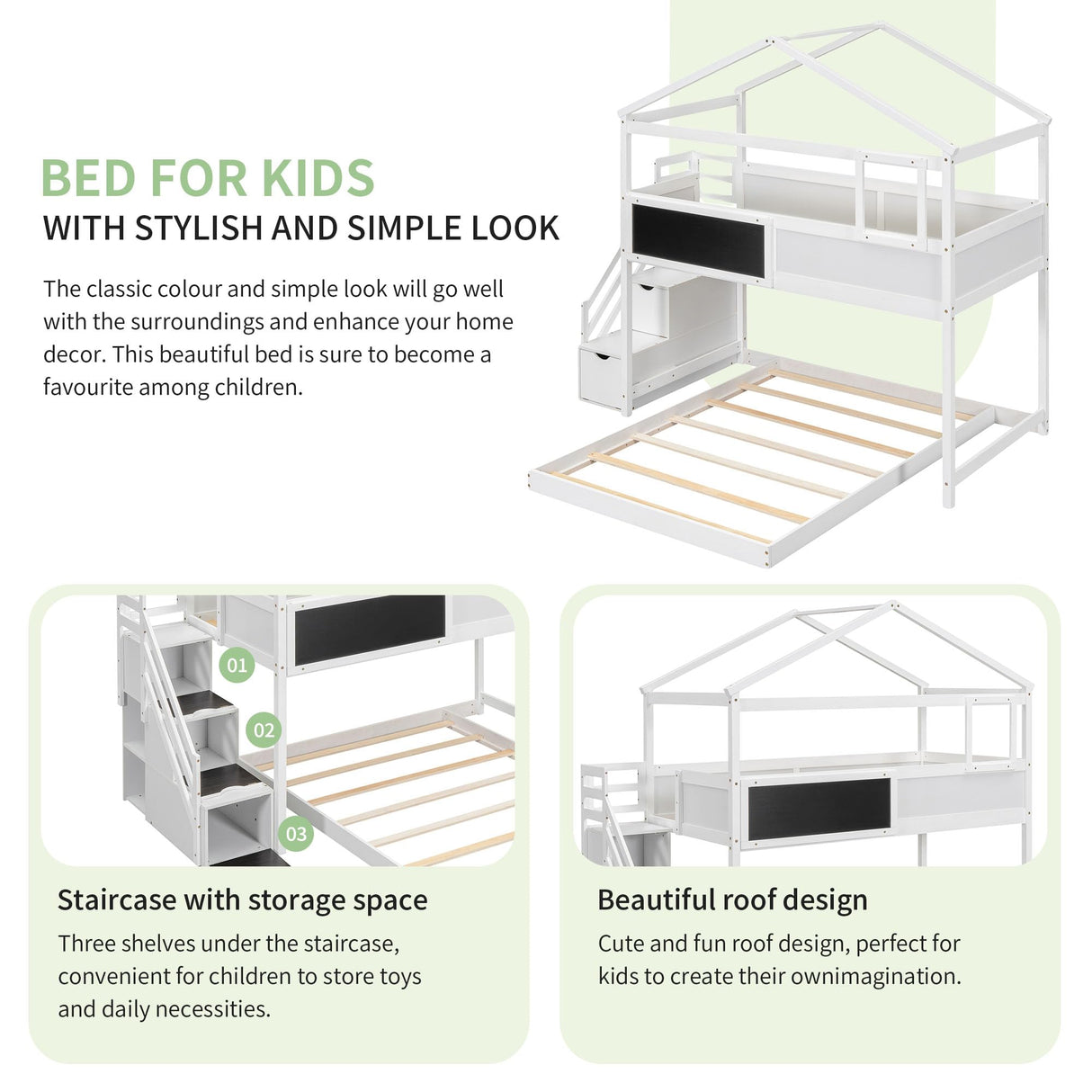 Merax Twin Over Full House Bunk Bed with Storage Staircase & Blackboard, Wood Kids Bunk Bed with Roof and Safety Guardrails, Playhouse Bunk Beds for Kids, Teens, Adults, No Box Spring Required, White Merax