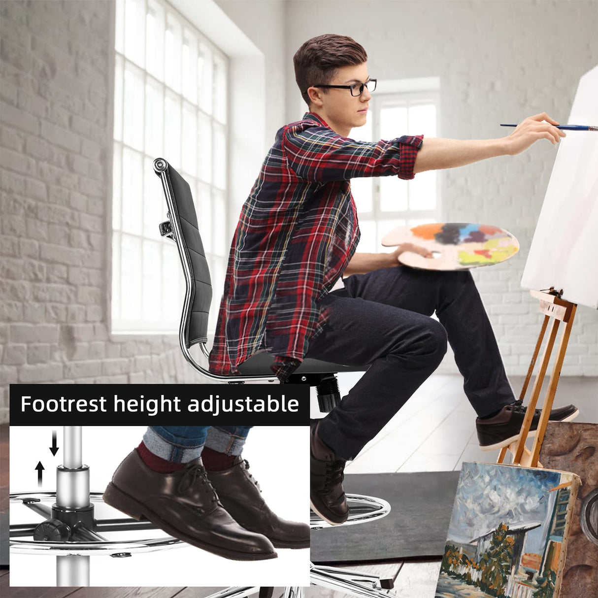 LUCKWIND Drafting Chair Tall Office Chair Ribbed - Mid-Back PU Leather Standing Desk Stool with Adjustable Foot Ring Wide Seat Tilt-Tension Rocker Lumbar Support Swivel Rolling 400lbs, Black LUCKWIND