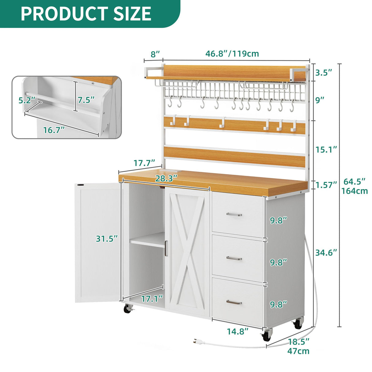 YITAHOME Bakers Rack with Power Outlet and LED Light, 53 Inch Microwave Stand with Storage Cabinet Thickened Counter, Farmhouse Coffee Bar Cabinet on Wheels Tall Shelf for Spices, Cups, Pots, White YITAHOME