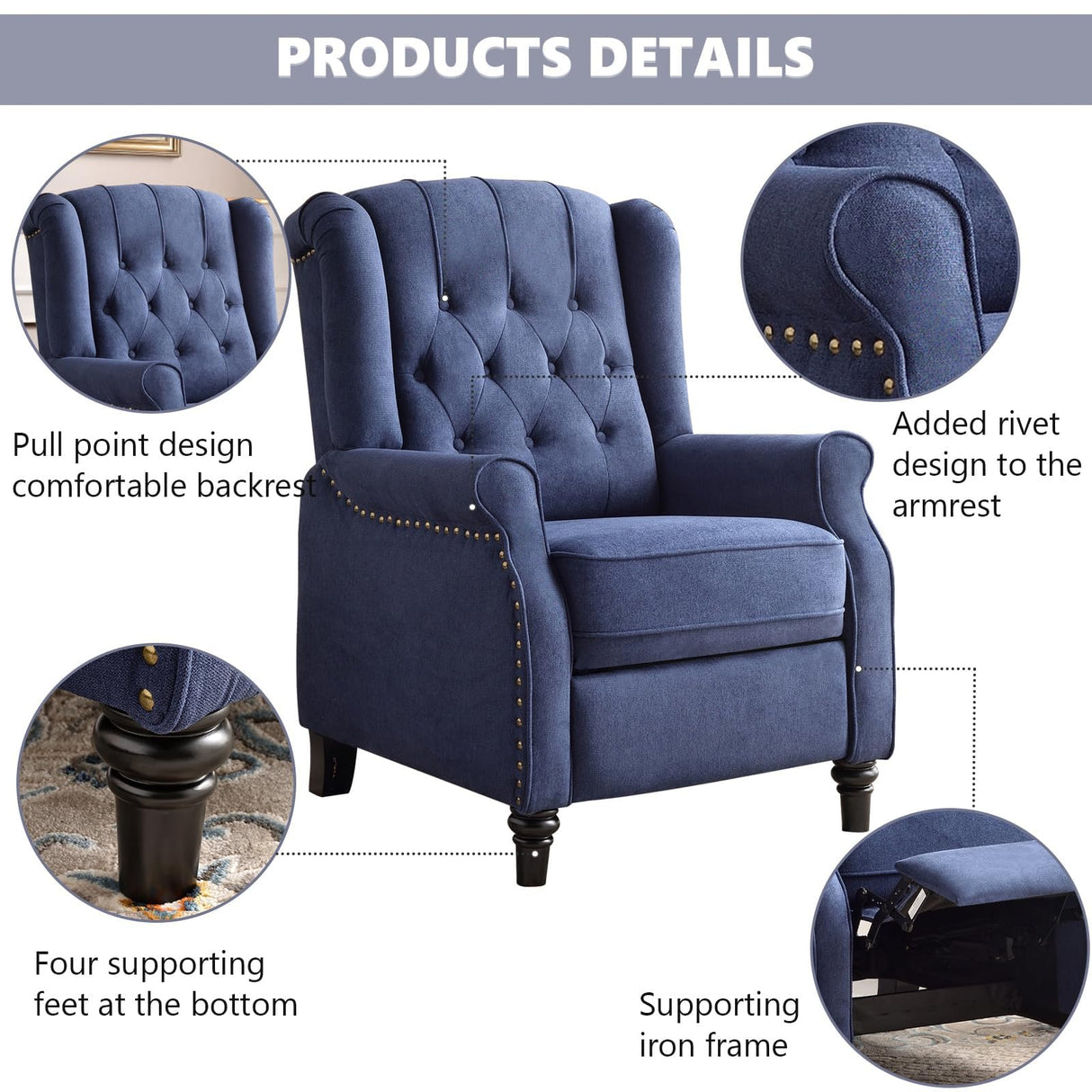 CANMOV Push Back Recliner Chair,Accent Chair, Mid Century Wingback Recliner, Fabric Push Back Recliner Chair Single Armchair Sofa with Rivet Decoration, Button-Tufted Back for Living Room,Dark Blue CANMOV