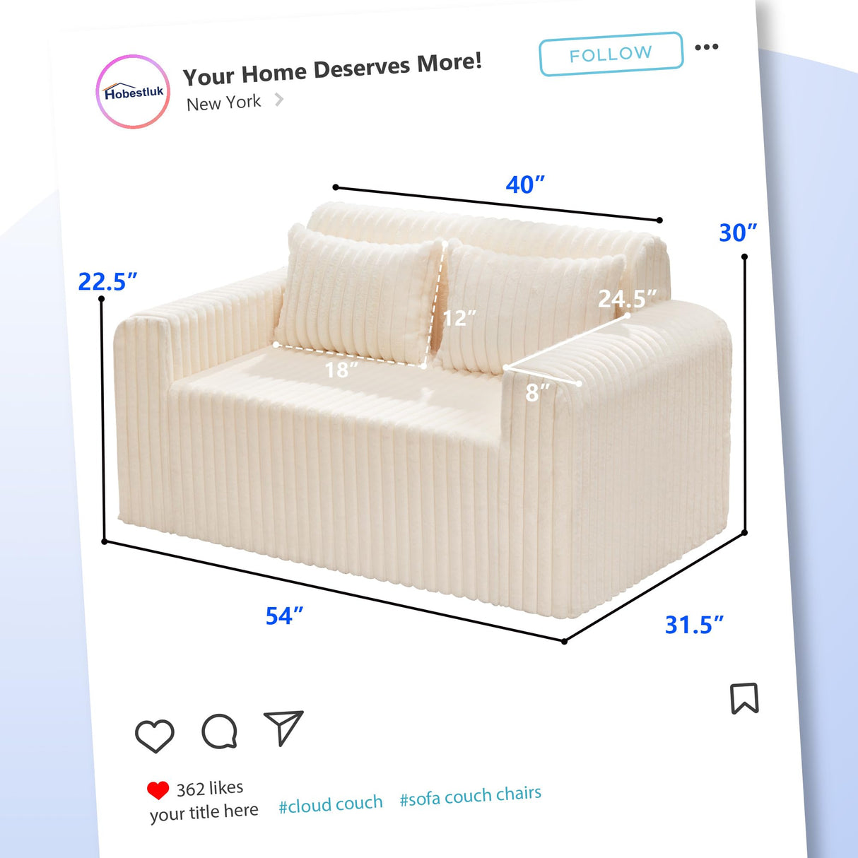 Hobestluk Couch Sofa 2-Seater Foam Sofa Loveseat for Small Spaces Comfy Sofas with Removable Cover Furry Couch with Pillows for Living Room, Bedroom, Apartment, Office (White, Loveseat) Hobestluk