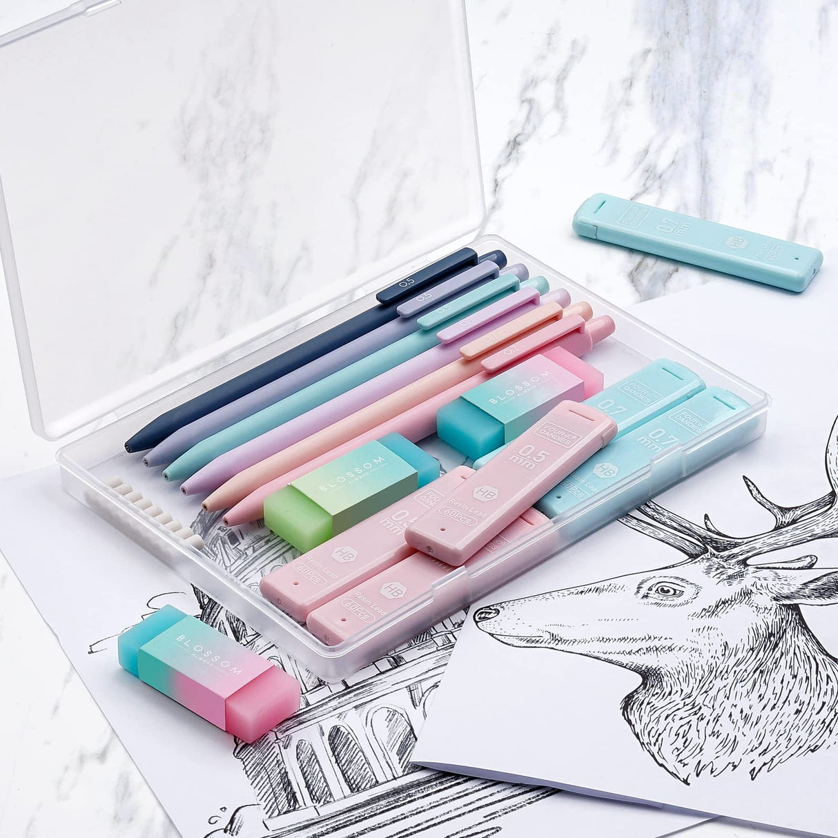 Four Candies Cute Mechanical Pencil Set, 6PCS Pastel Mechanical Pencils 0.5 & 0.7mm with 360PCS HB Pencil Leads, 3PCS Erasers and 9PCS Eraser Refills, Aesthetic Mechanical Pencils for Girls Writing Four Candies