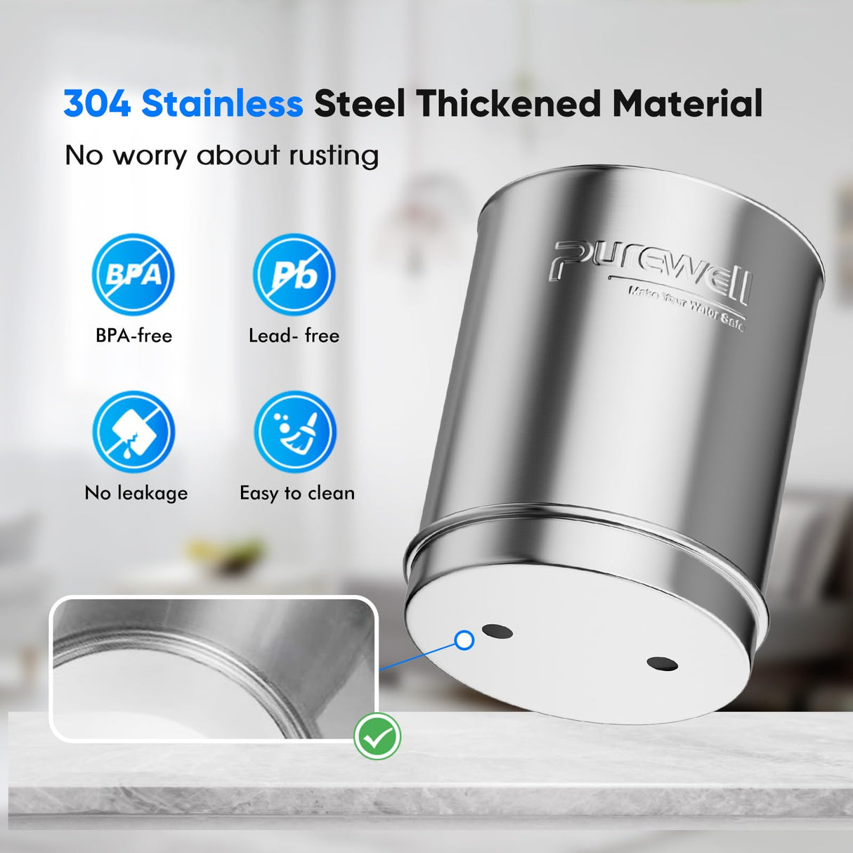 Purewell 2.25G Gravity Water Filter System with Water Level Window, 3-Stage 0.01μm Ultra-Filtration Stainless Steel Countertop System with 2 Filters and Stand, Reduce 99% Chlorine, PW-KS Purewell