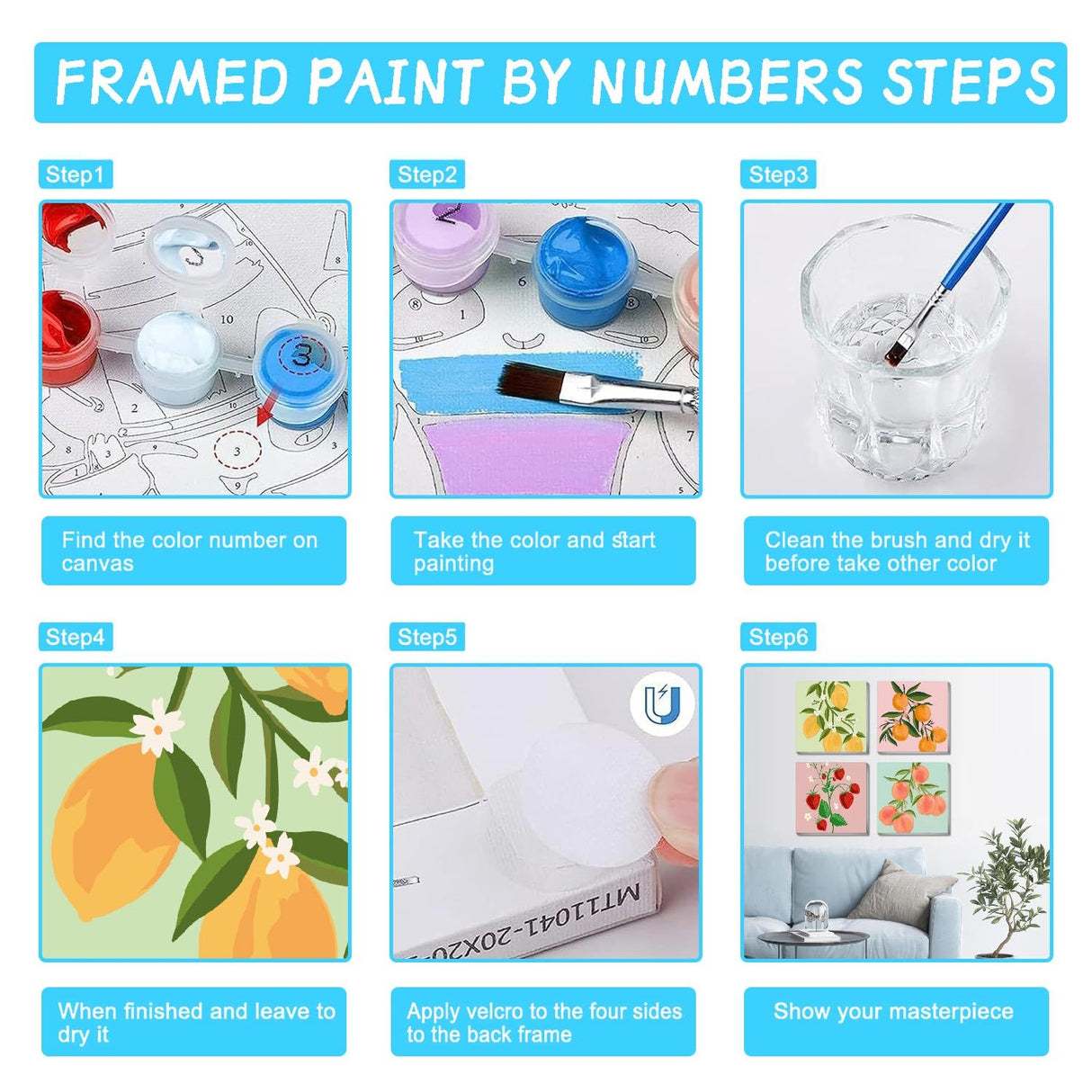 Amzdiyfun 4 Pack Fruits Paint by Numbers Kit, Easy Acrylic Art Number Painting for Beginners, DIY Adults Paint by Numbers Kit on Canvas for Home Wall Decor, 7.8x7.8Inch Amzdiyfun