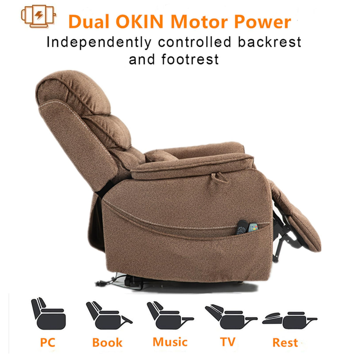 Brown Recliner Chair for Elderly | Tall and Big Man 400lbs | Chenille | Power Lift, Lay Flat, Stand Up, Wireless Charging Device, Extended Footrest, Massage Heat, Cup Holder, Lumbar Pillow LITVZ