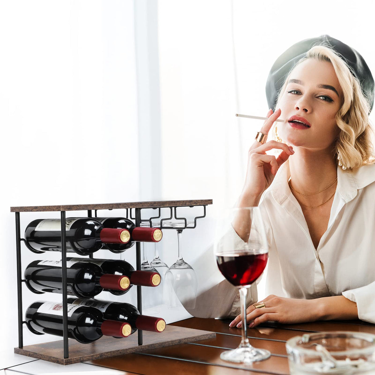 MOOACE Countertop Wine Rack, Hold 6 Wine Bottles and 4 Glasses Rack, Freestanding Wine Rack for Home, Kitchen, Bar Table, Wine Cellar, Cabinet MOOACE