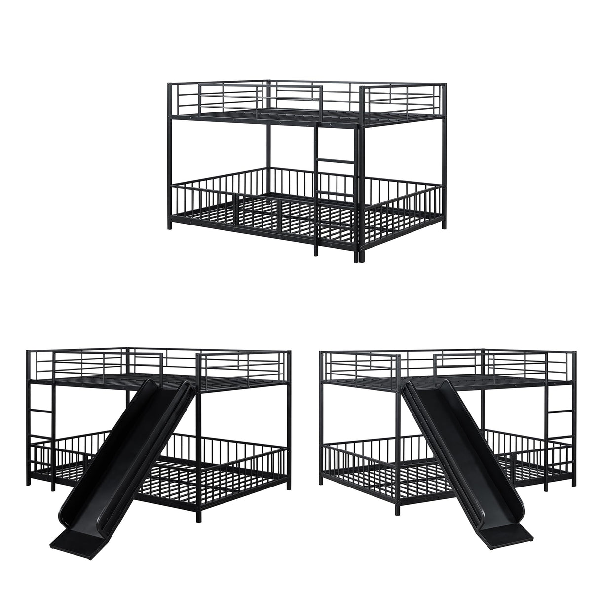 Bellemave Full Over Full Bunk Bed with Slide and Ladder, Metal Bunk Bed for Kids, Girls, Boys, Removable Fence, Low Bunk Bed with Slide, with Door, Black Bellemave