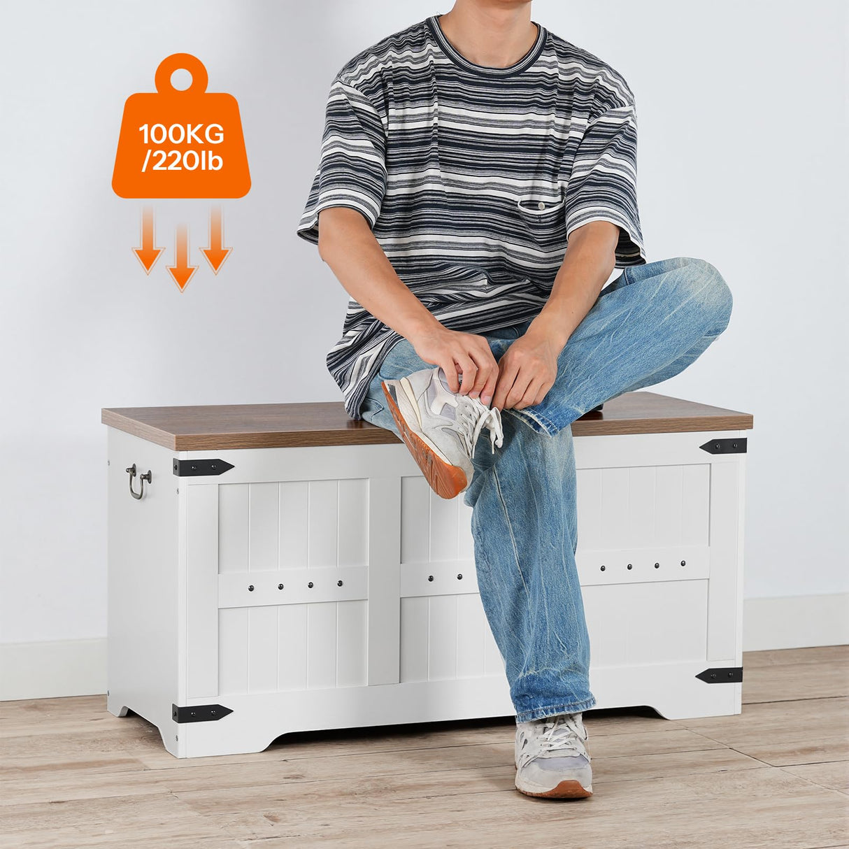 HOOBRO Toy Box, Storage Bench with Safety Hinges, Wooden Toy Chest, 39.4" Farmhouse Storage Chest, for Entryway, Bedroom, Living Room, White and Walnut WH507CW01 HOOBRO