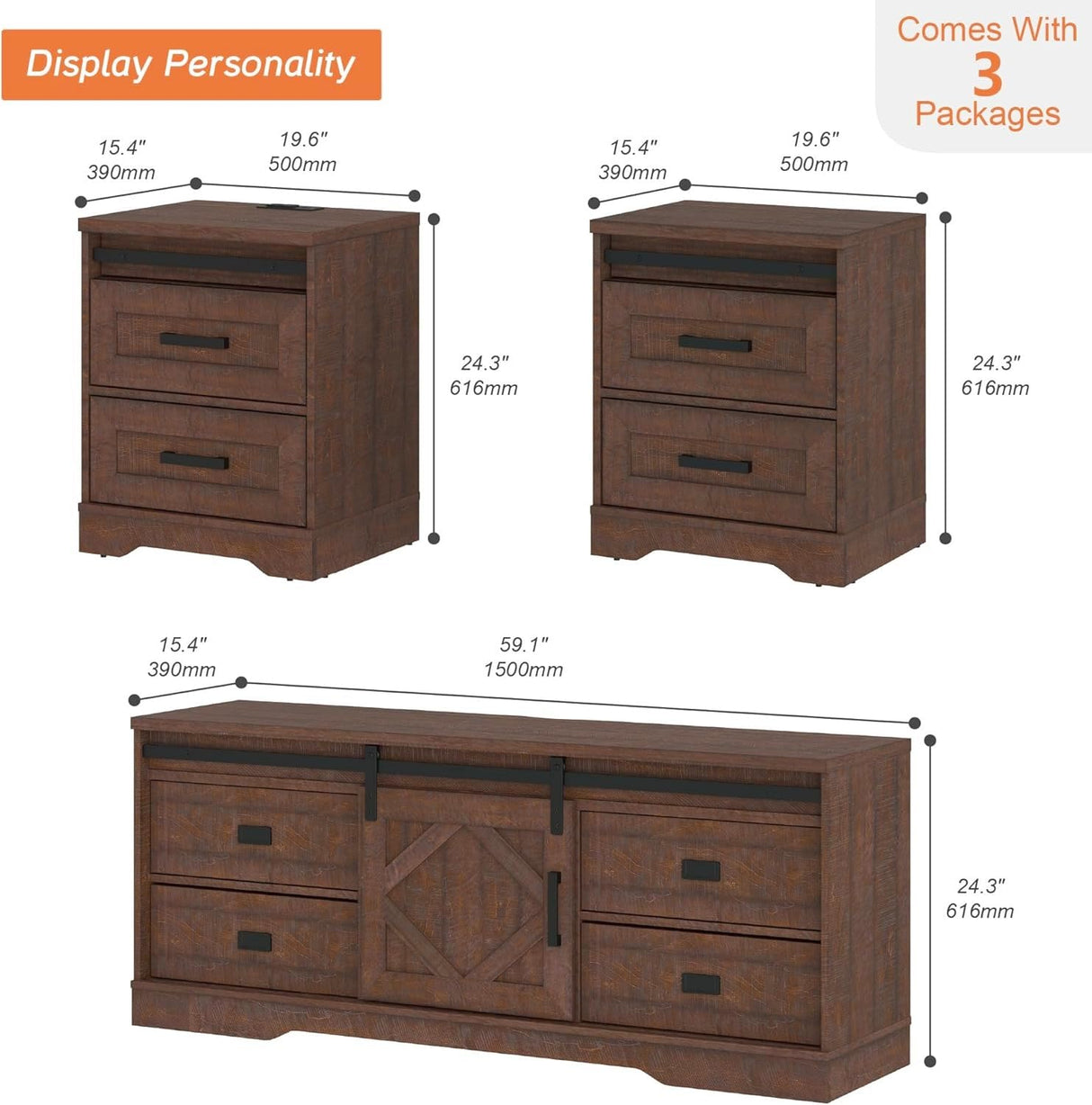 WAMPAT Farmhouse TV Stand with Charging Station and USB Ports for TVs up to 110" TVs,3 in 1 Wood Entertainment Center with 10 Drawers and Adjustable Shelves for Living Room, Rustic Brown WAMPAT