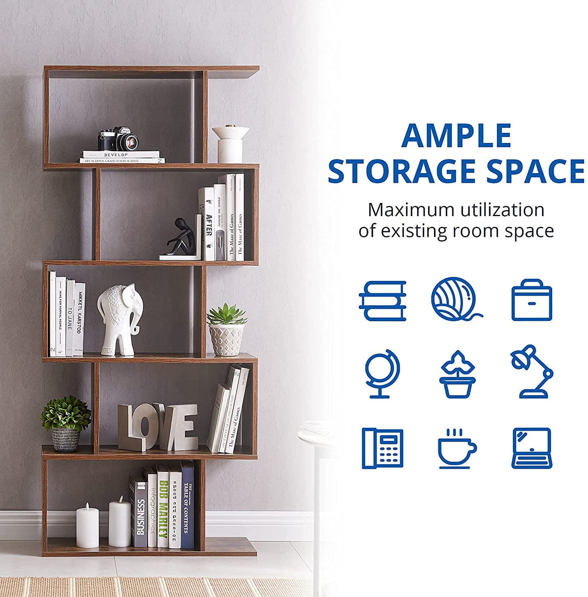 Cozy Castle Set of 2 Geometric Bookcase, S-Shaped Modern Bookshelf, Room Divider Bookshelf, 62" Tall Unique Abstract Bookcase with 5-Tier Display Shelf for Living Room Office, Rustic Brown Cozy Castle