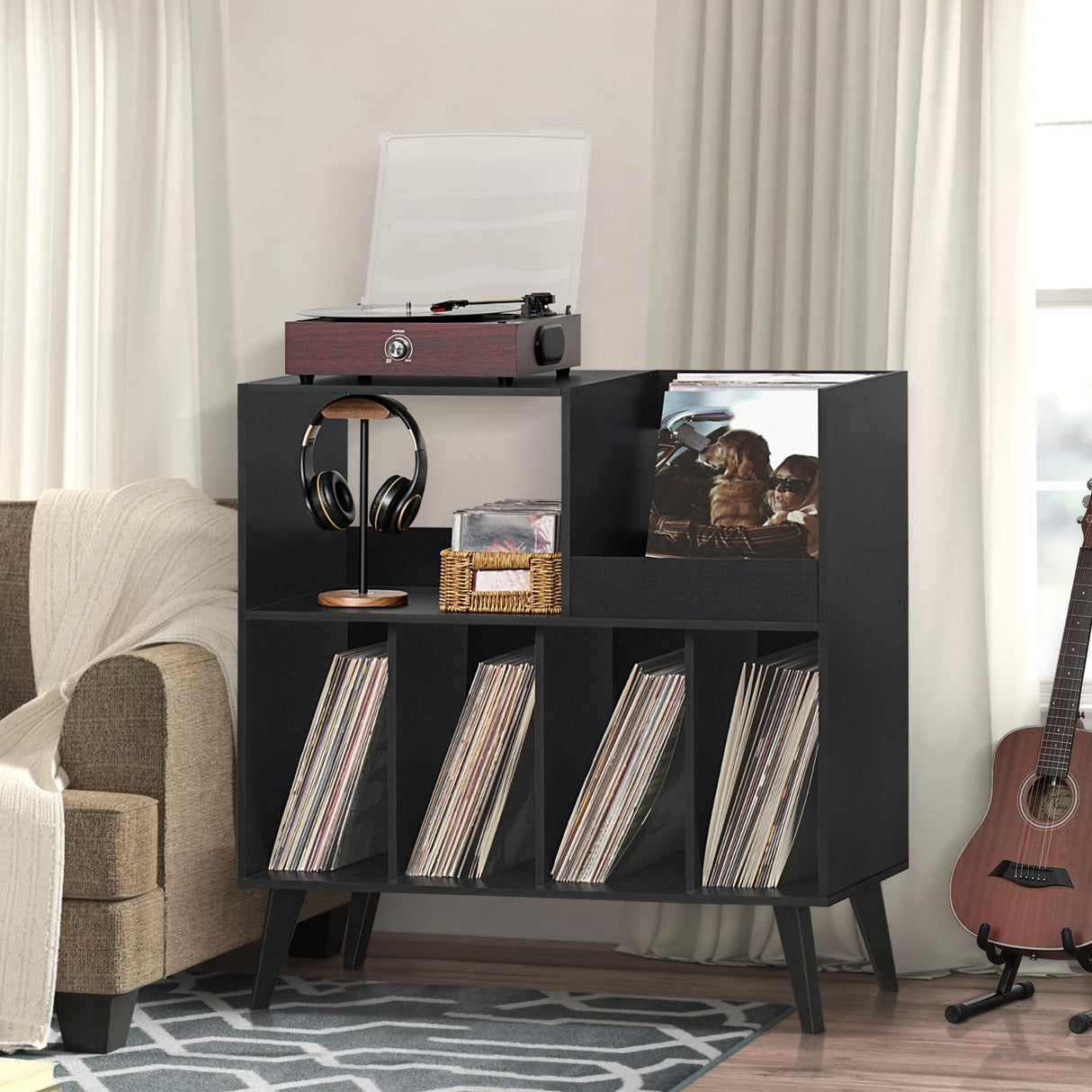 LELELINKY Large Record Player Stand, Turntable Stand with Storage, Vinyl Record Holder with Display Area, Record Player Table Holds Up to 300 Albums, Record Stand for Music room Living Room-Reto Black LELELINKY