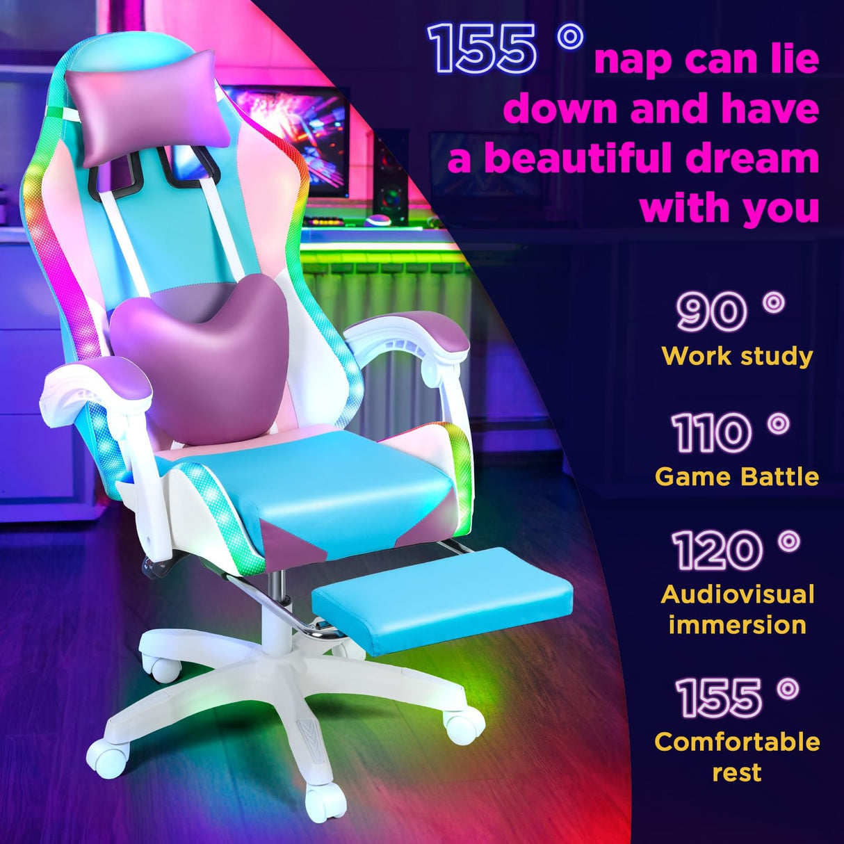 RFEGJVII Gaming Chair Massage with RGB LED Lights, Girl Video Chair, Adult Ergonomic Computer Chair Footrest, Reclining High Back Video Game Chair with Adjustable Lumbar Support Linkage Armrest P RFEGJVII