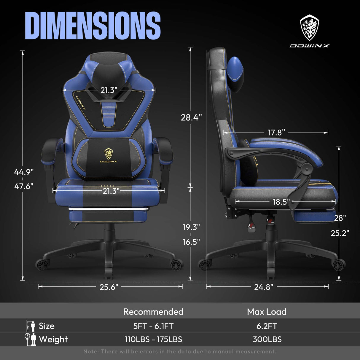 Dowinx Gaming Chair with Footrest, Big and Tall Gaming Chair for Heavy People, Gamer Chair for Adult with Massage (Blue) Dowinx