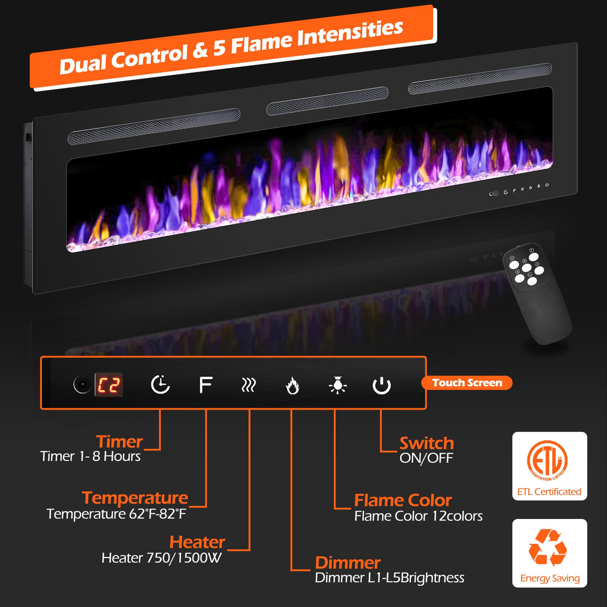 BETELNUT 68" Electric Fireplace Wall Mounted and Recessed with Remote Control, 750/1500W Ultra-Thin Wall Fireplace Heater W/Timer Adjustable Flame Color and Brightness, Log Set & Crystal Options BETELNUT