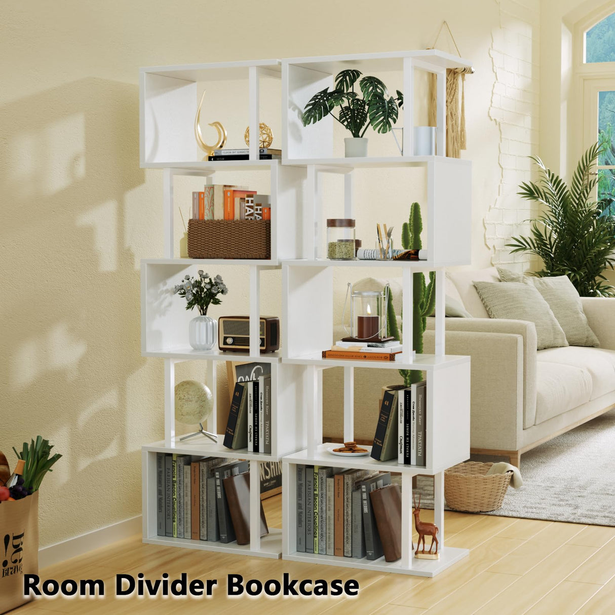 Furologee White Geometric Bookshelf 6 Tier S-Shaped Bookcase, Tall Modern Display Storage Shelf, Metal and Wood Decorative Freestanding Room Divider Shelves for Bedroom, Living Room, Office Furologee