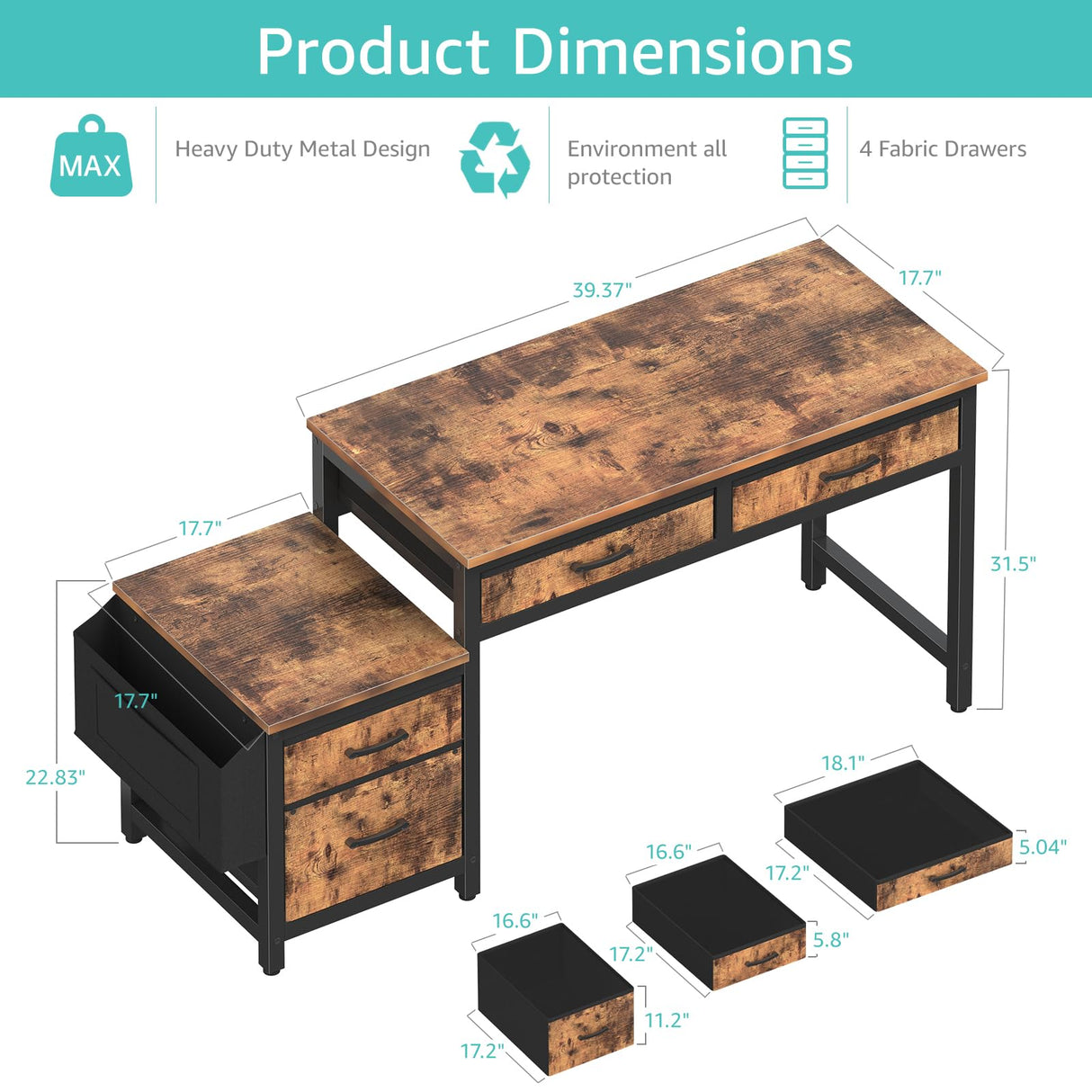Lufeiya Computer Desk with Fabric File Drawers Cabinet, 57 Inch Home Office Desks with Filing Cabinet Printer Stand for Small Space, Study Writing Table PC Desks for Bedroom, Brown Lufeiya