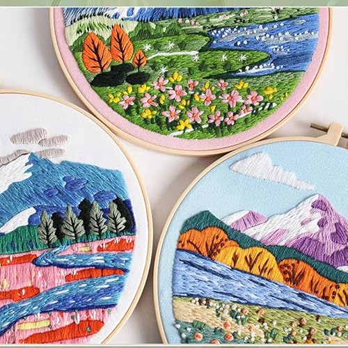 Konrisa 3 Pcs Landscape Embroidery Kits, Mountain Flower Village Pattern Cross Stitch Kit, DIY Sewing Practice Kits for Adults Home Decoration,Include Embroidery Cloth Threads and Needles,1pc Hoops