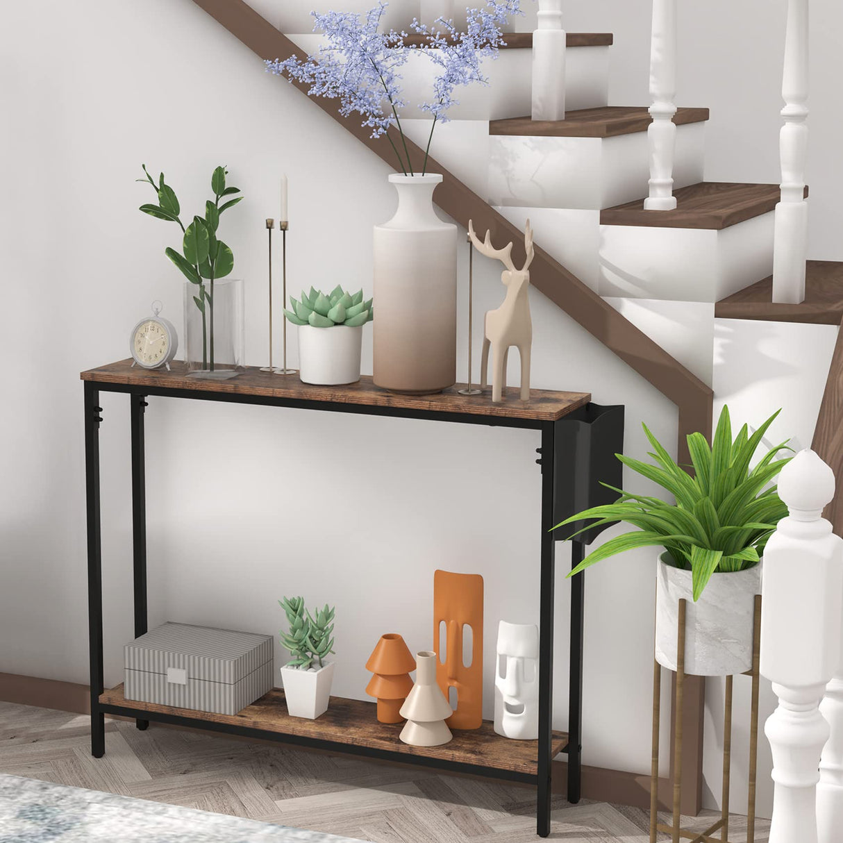 Bigbiglife 39.4" Console Entryway Table, 2-Tier Industrial Narrow Sofa Table with Storage Shelves for Hallway, Living Room, Bedroom, Foyer, Corridor, Office, Rustic Brown and Black Bigbiglife