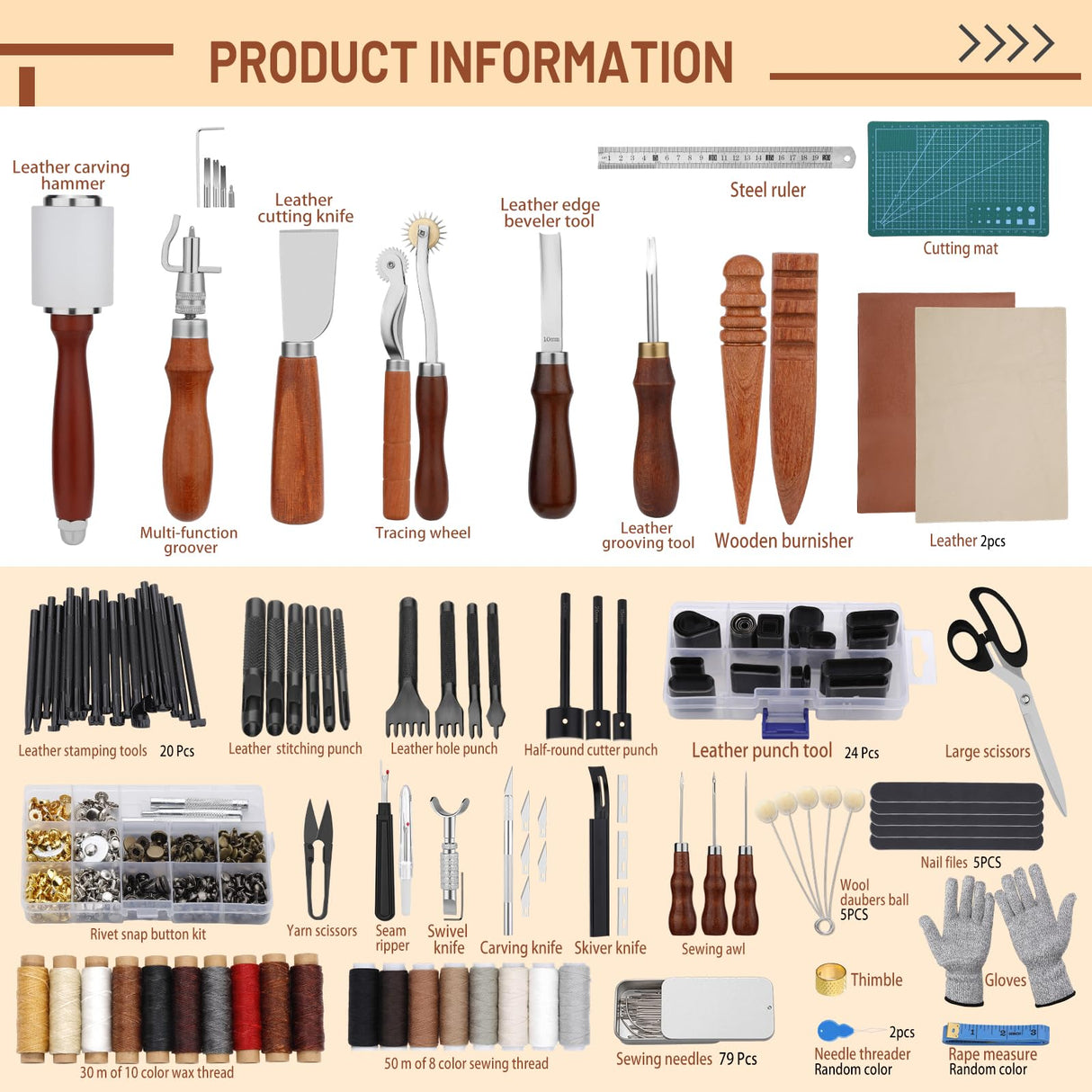 Leather Working Tools Kit, Leather Tooling Kit with Double Layer Storage Box, Heavy Duty Sewing Kit, Professional Working Tools and Supplies for DIY Stamping Cutting Engraving Punching Sewing FOUSNOW