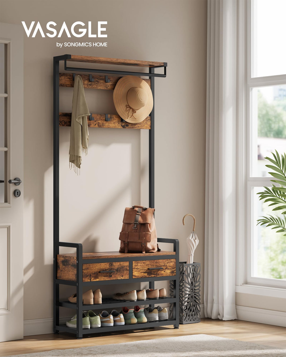 VASAGLE Hall Tree with Bench and Shoe Storage, Entryway Coat Rack with Shoe Bench, 2 Fabric Drawers, 10 Hooks, 11.8 x 31.7 x 71.5 Inches, Vintage Brown and Ink Black UHSR429B01 VASAGLE