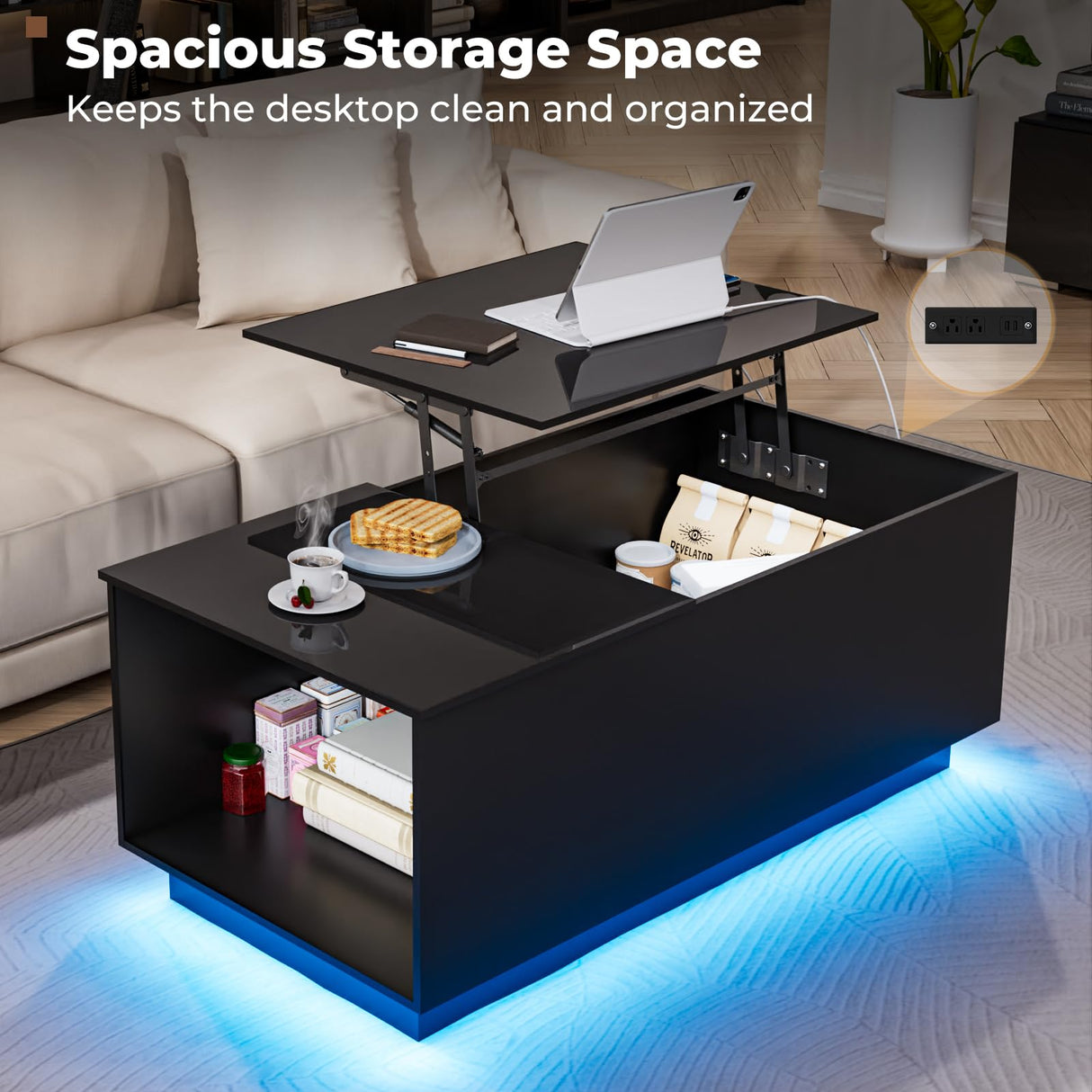 HOMMPA Lift Top Coffee Table with Charging Station Black Led Coffee Table with Storage Hidden Compartment Modern Coffee Table with Lift Top Center Table with LED Light for Living Room Home Office HOMMPA