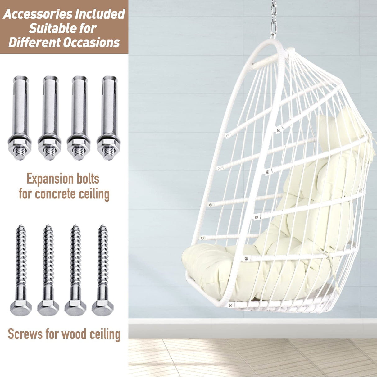 Chihee Egg Chair Foldable Wicker Rattan Hanging Chair Swing Chair Indoor Outdoor Patio Wicker Chair Hammock Chair with Stainless Steel Hanging Kit Chain Link UV Resistant Cushion Bedroom Balcony Chihee
