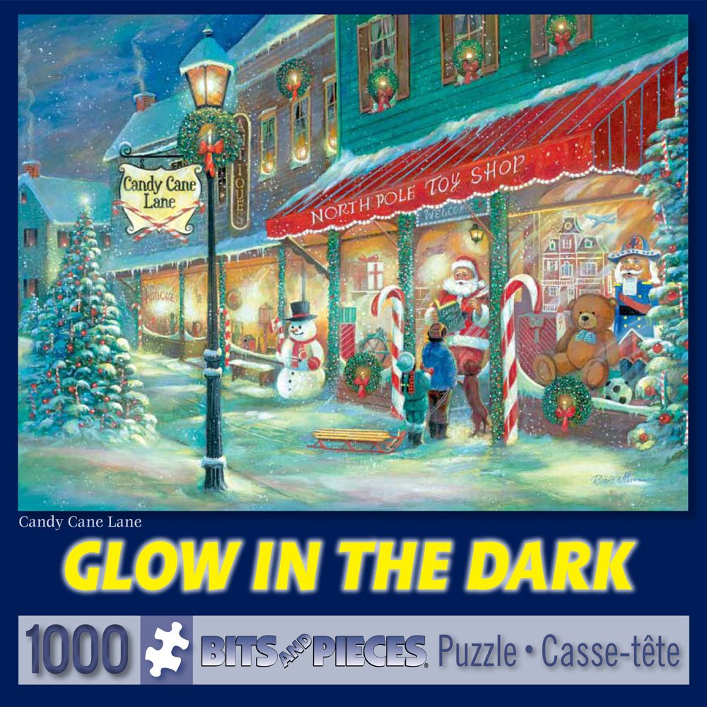 Bits and Pieces - 1000 Piece Glow in The Dark Puzzle for Adults - Candy Cane Lane, Christmas Candy, Holiday - by Artist Ruane Manning - 1000 pc Jigsaw Bits and Pieces