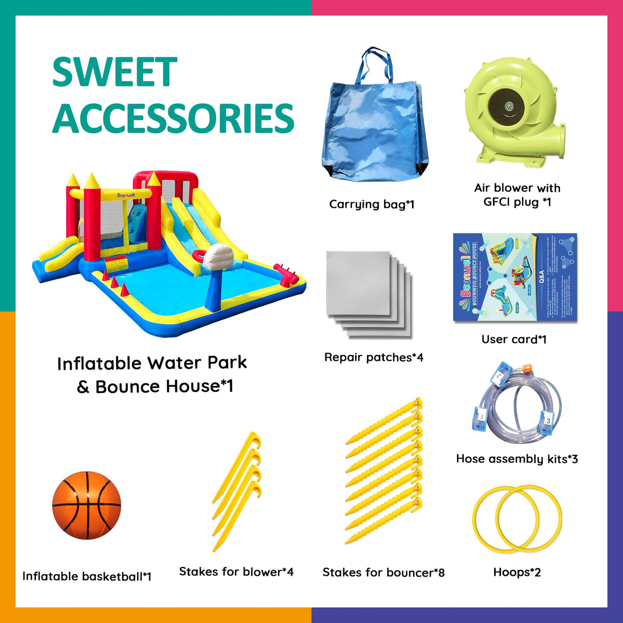 Inflatable Bounce House with Double Slide, Water Bounce Castle with Slide,Water Slide with Splash Pool, Water Cannon, Climbing Wall, Basketball Hoop, Backyard Water Slide for Kids Bounwell