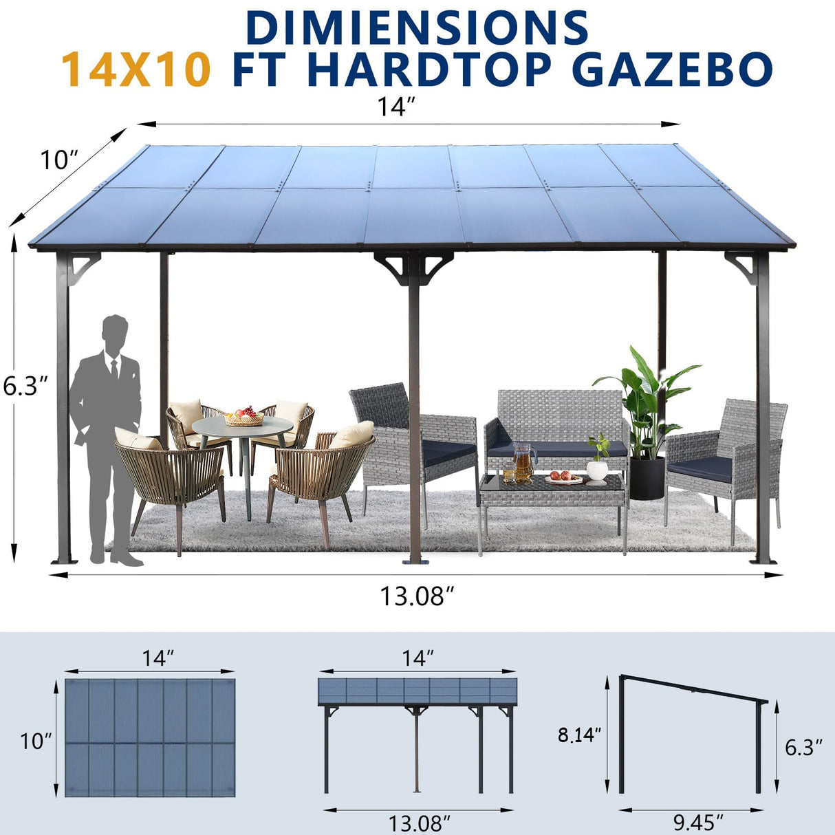 KEIKI 10x14 FT Outdoor Metal Flexible Top Lean to Gazebo Pergola with Sloped Roof, Heavy Duty Wall-Mounted Patio Awnings with Powder-Coated Steel Frame, for Lawn, Garden, Backyard and Deck, Grey KEIKI