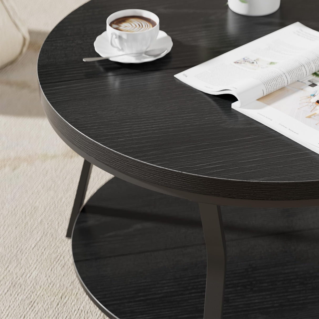 Round Coffee Table, Circle Wood Coffee Tables for Living Room, 2 Tier Industrial Modern Center Table with Thickened Tabletop and Metal Frame, 31.5 inch (Black) AntsandAnts