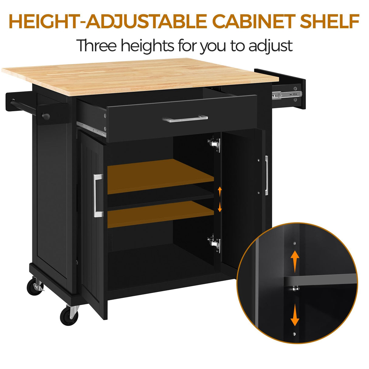 Yaheetech Rolling Kitchen Island Cart with Drop Leaf, Portable Rubberwood Breakfast Bar with Storage Cabinet, Open Shelves & Detachable Towel, 2 Drawers, Black Yaheetech